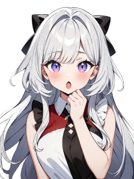 Mika, a silver-haired companion with a black bow, mid-sentence