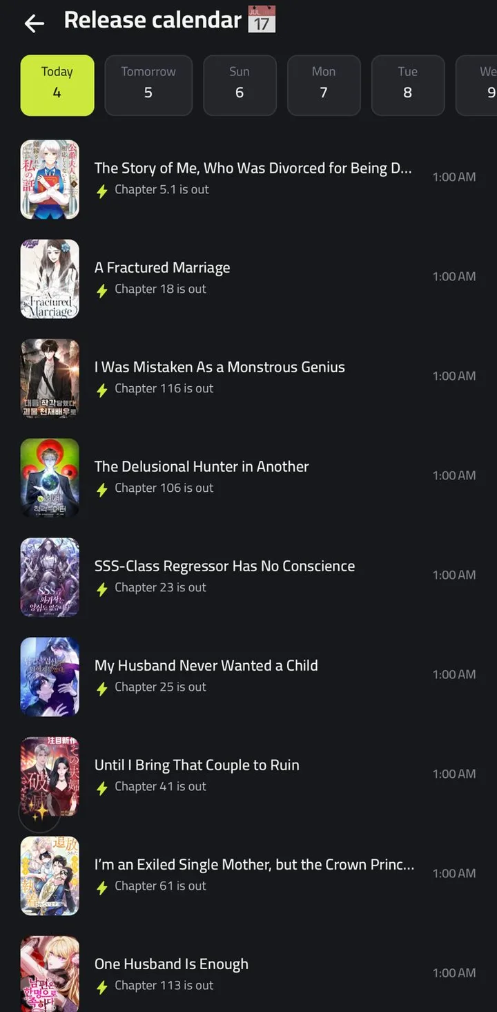 Al9annas release calendar showing today’s manga chapter drops